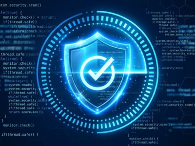 Glowing blue security shield with continuous scan line sweeping across code lines, representing Claude Security always-on vulnerability monitoring