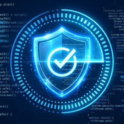 Glowing blue security shield with continuous scan line sweeping across code lines, representing Claude Security always-on vulnerability monitoring