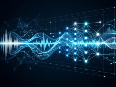 Block's Dessa full-duplex speech AI model visualization — sound waves and audio waveforms