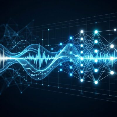 Block's Dessa full-duplex speech AI model visualization — sound waves and audio waveforms