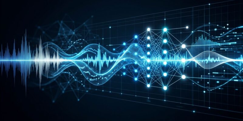 Block's Dessa full-duplex speech AI model visualization — sound waves and audio waveforms