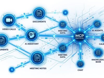 Graph network visualization showing Zoom meeting data connected to AI agents via MCP protocol