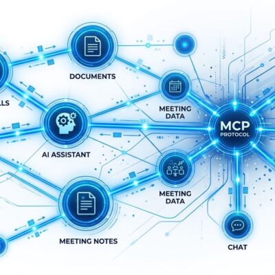 Graph network visualization showing Zoom meeting data connected to AI agents via MCP protocol