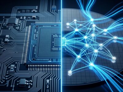 AI neural network overlay on semiconductor chip design schematic, representing GPT-Synopsys automated EDA workflow