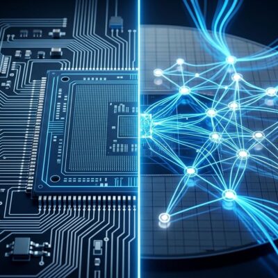 AI neural network overlay on semiconductor chip design schematic, representing GPT-Synopsys automated EDA workflow