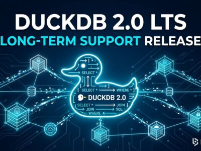 DuckDB 2.0 LTS Cinnamon Teal - server mode, async I/O, and agent mode features illustrated with database network nodes