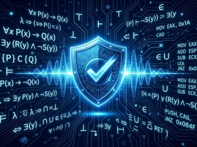 Mathematical proof symbols and circuit board patterns representing AI-powered formal software verification of open-source libraries