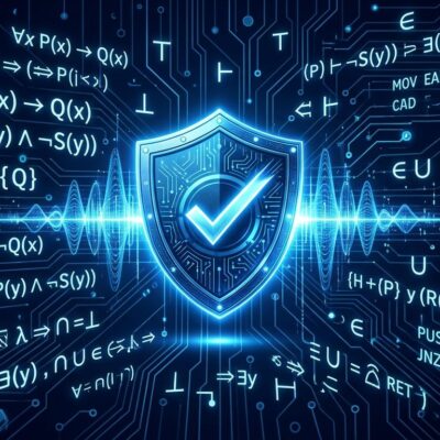 Mathematical proof symbols and circuit board patterns representing AI-powered formal software verification of open-source libraries