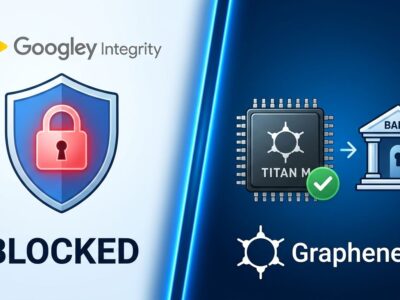 Split-screen illustration comparing Google Play Integrity badge versus hardware attestation chip with GrapheneOS logo unlocking a bank, blue and white color scheme