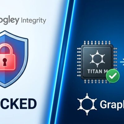 Split-screen illustration comparing Google Play Integrity badge versus hardware attestation chip with GrapheneOS logo unlocking a bank, blue and white color scheme
