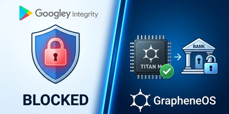 Split-screen illustration comparing Google Play Integrity badge versus hardware attestation chip with GrapheneOS logo unlocking a bank, blue and white color scheme