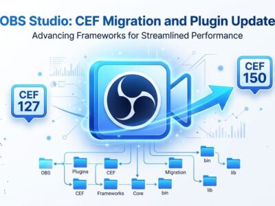 OBS Studio 33 broadcast icon with CEF version progression from 127 to 150 and plugin directory structure