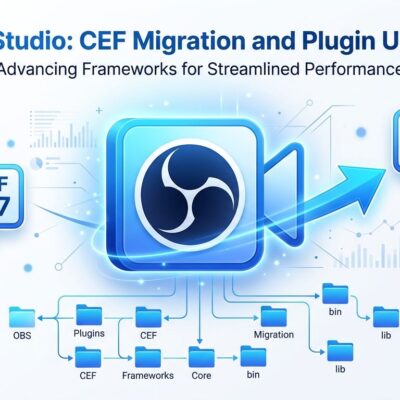 OBS Studio 33 broadcast icon with CEF version progression from 127 to 150 and plugin directory structure