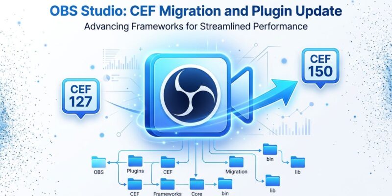 OBS Studio 33 broadcast icon with CEF version progression from 127 to 150 and plugin directory structure