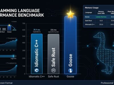 Performance benchmark chart showing Goose programming language outperforming C++ and Rust in speed and memory efficiency