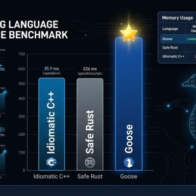 Performance benchmark chart showing Goose programming language outperforming C++ and Rust in speed and memory efficiency