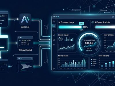 Digital dashboard showing AI spending budget meters and cost governance controls for developer tools like Cursor, Copilot, and Claude Code