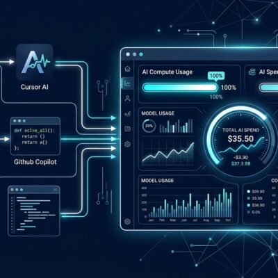Digital dashboard showing AI spending budget meters and cost governance controls for developer tools like Cursor, Copilot, and Claude Code