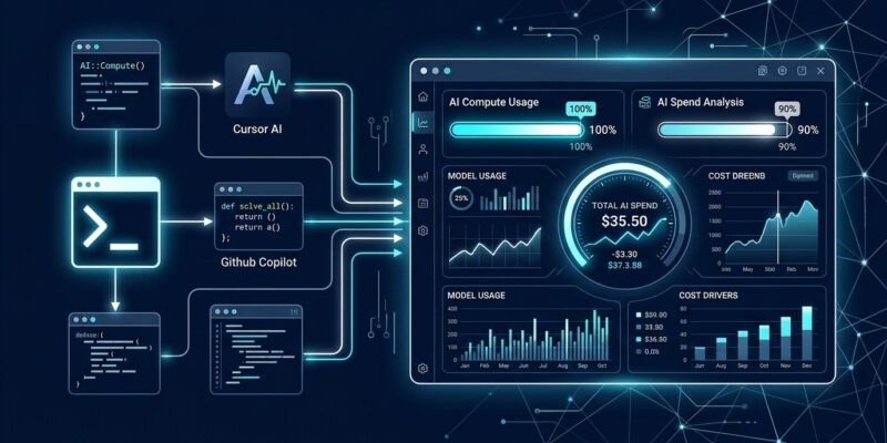 Digital dashboard showing AI spending budget meters and cost governance controls for developer tools like Cursor, Copilot, and Claude Code