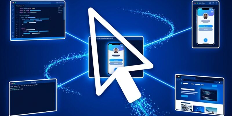 AI agent controlling a Mac desktop with code editor and iOS Simulator visible