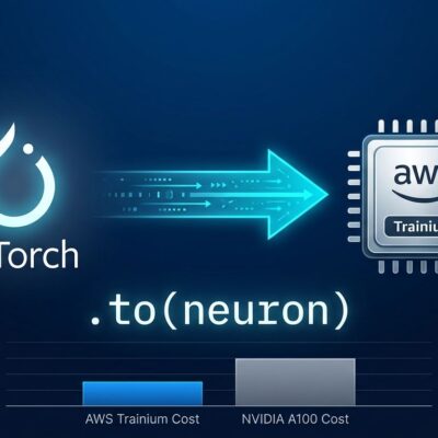 Amazon TorchNeuron diagram showing PyTorch code migrating from CUDA to Trainium with one line change