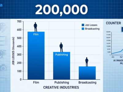 Data visualization chart showing 200000 creative jobs lost in film publishing and broadcasting since 2022 with AI growth counter