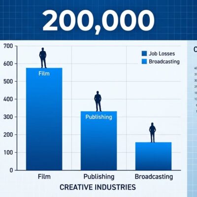 Data visualization chart showing 200000 creative jobs lost in film publishing and broadcasting since 2022 with AI growth counter