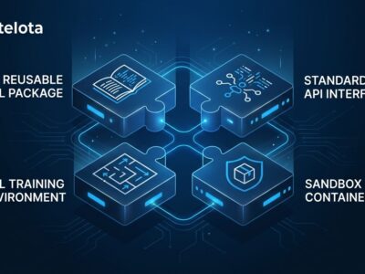Four interconnected open-source AI agent standard blocks representing Agent Skills, Open Responses, OpenEnv, and OpenSandbox