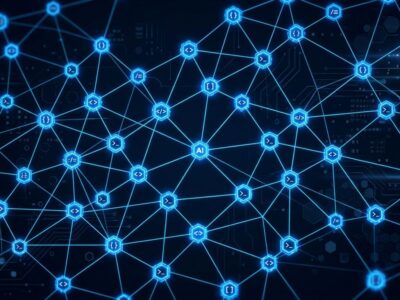 Decentralized mesh network of AI agent nodes connected peer-to-peer with blue lines on dark background, representing Microsoft Agensh multi-agent system