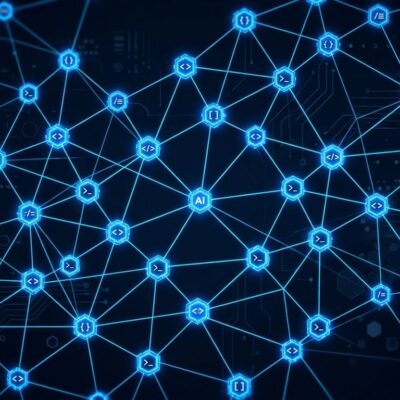 Decentralized mesh network of AI agent nodes connected peer-to-peer with blue lines on dark background, representing Microsoft Agensh multi-agent system