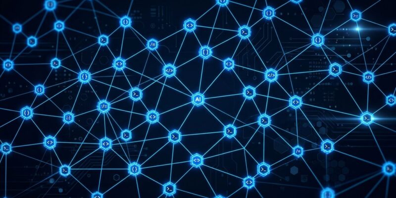 Decentralized mesh network of AI agent nodes connected peer-to-peer with blue lines on dark background, representing Microsoft Agensh multi-agent system