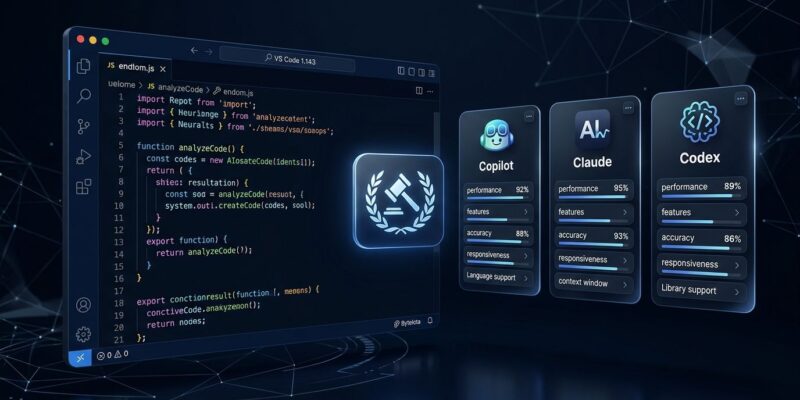 VS Code 1.143 showing multiple AI model cards for Copilot, Claude, and Codex being compared side by side with blue accent colors