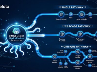 GitHub Copilot HydraFusion showing three execution patterns: Single, Cascade, and Critique routing across multiple AI models