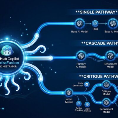 GitHub Copilot HydraFusion showing three execution patterns: Single, Cascade, and Critique routing across multiple AI models