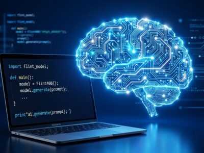 Flint 40B coding model by Recursive Superintelligence - neural network circuit brain on blue background representing AI-directed research