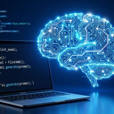 Flint 40B coding model by Recursive Superintelligence - neural network circuit brain on blue background representing AI-directed research