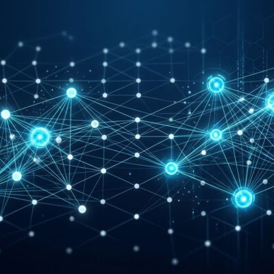 Abstract visualization of thousands of AI agent nodes suspended in a distributed grid, most dormant and a few active, representing AWS Infinity runtime concurrency model