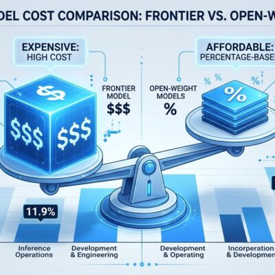 Balance scale comparing frontier AI model costs versus open-weight model costs with price comparison chart