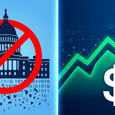 Split-screen illustration showing US government ban on the left and DeepSeek funding growth chart on the right, representing the paradox of a ban accelerating investment