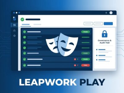 Leapwork Play dashboard showing Playwright test governance, audit trails, and enterprise test management interface