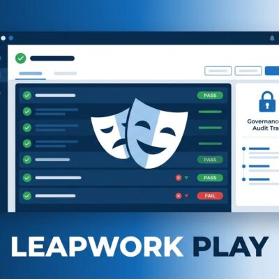 Leapwork Play dashboard showing Playwright test governance, audit trails, and enterprise test management interface