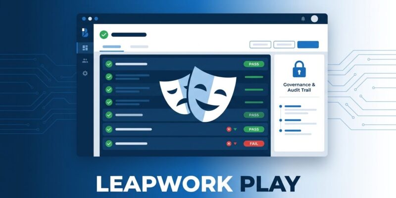 Leapwork Play dashboard showing Playwright test governance, audit trails, and enterprise test management interface