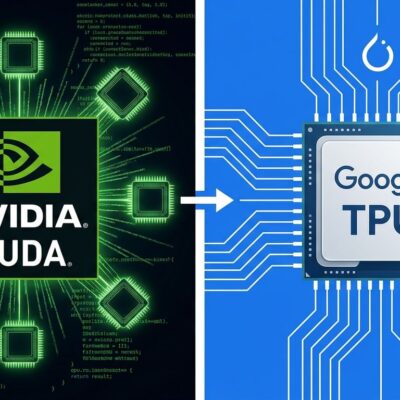 Split-screen comparison of CUDA GPU development on left versus Google TPU development on right, showing PyTorch migration path