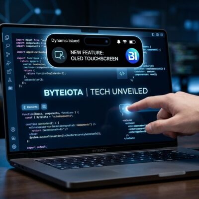 Apple touchscreen MacBook Pro OLED display with a finger touching the screen showing code