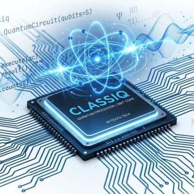 Intel Classiq quantum processor chip with blue electron spin orbital rings and circuit traces representing the .2B acquisition