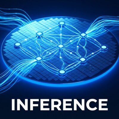 Cerebras WSE-3T wafer chip with pipeline parallelism nodes and blue data streams representing 1000 tokens per second AI inference