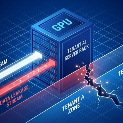 GPU server rack illustration showing cross-tenant data leak with broken security barrier, blue and white Cloudflare Workers AI security theme