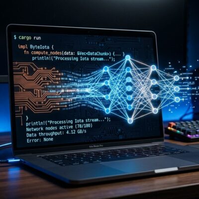 Laptop screen showing terminal code with neural network visualization representing Recursive Flint local AI coding model