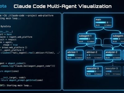 Agent Tree terminal side pane showing Claude Code agents as a live interactive tree with glowing blue boxes