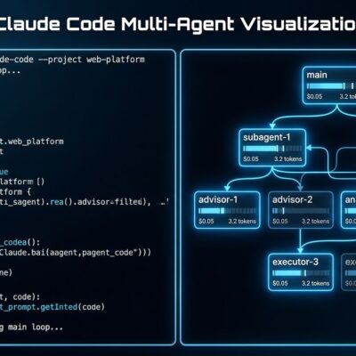 Agent Tree terminal side pane showing Claude Code agents as a live interactive tree with glowing blue boxes